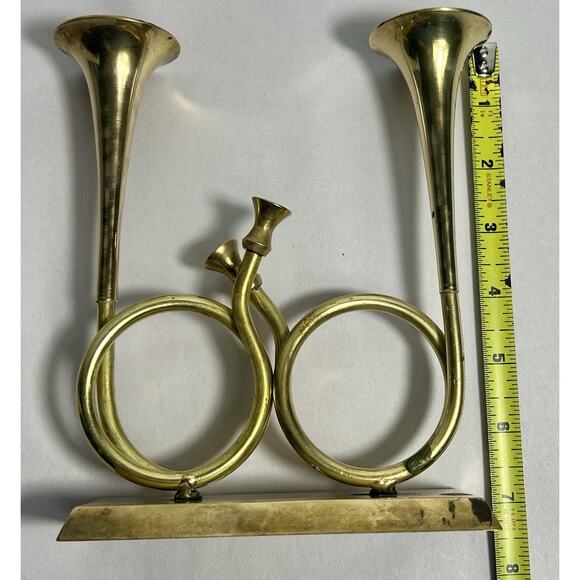 Brass Double Bugle Trumpet Horn Holiday Candlestick Holder Pedestal Music Lover - Picture 8 of 9
